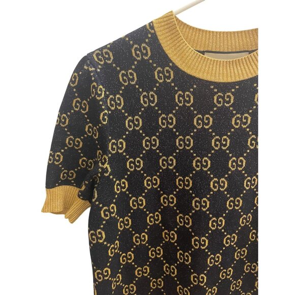 Gucci Womens Black & Gold GG Monogram Knit Short-Sleeve Dress With Pocket Detail - Picture 3 of 16